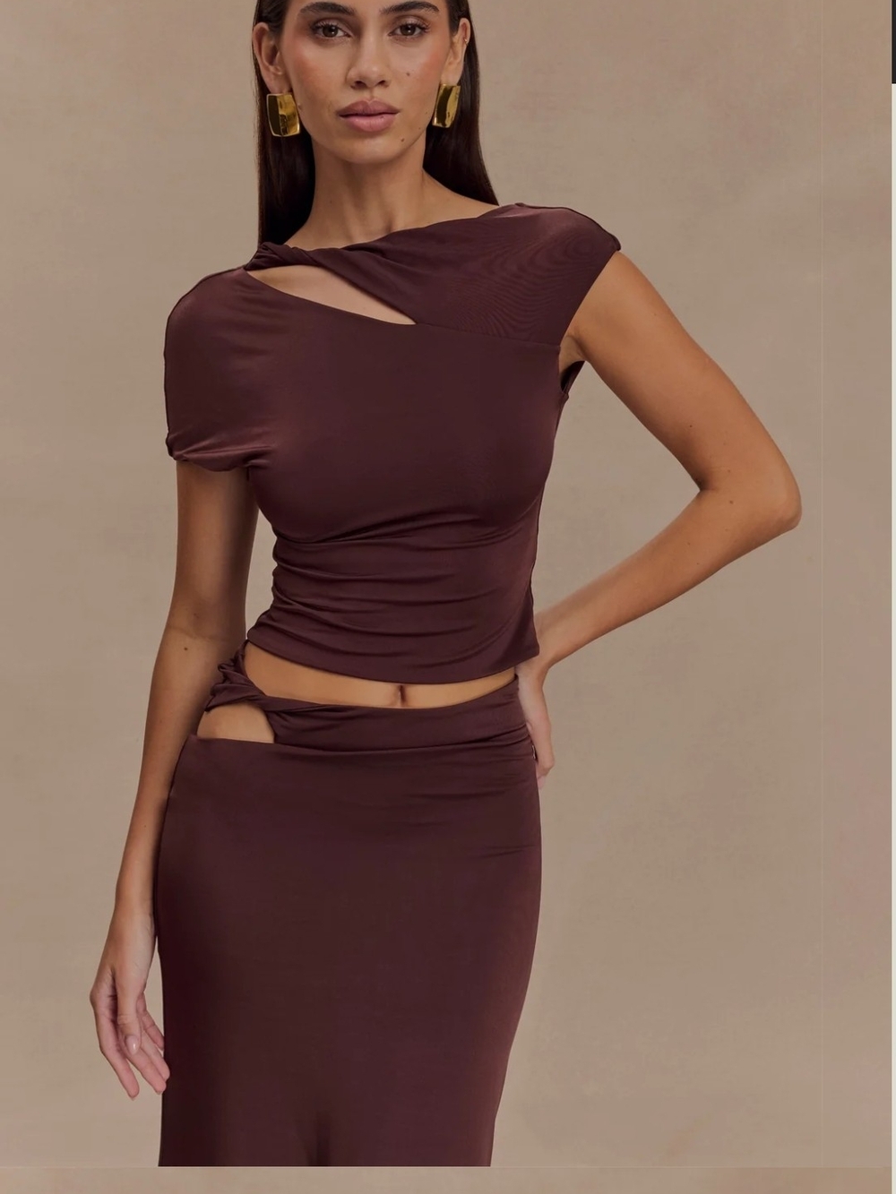 Meshki Chocolate Cutout Asymmetric Crop Top